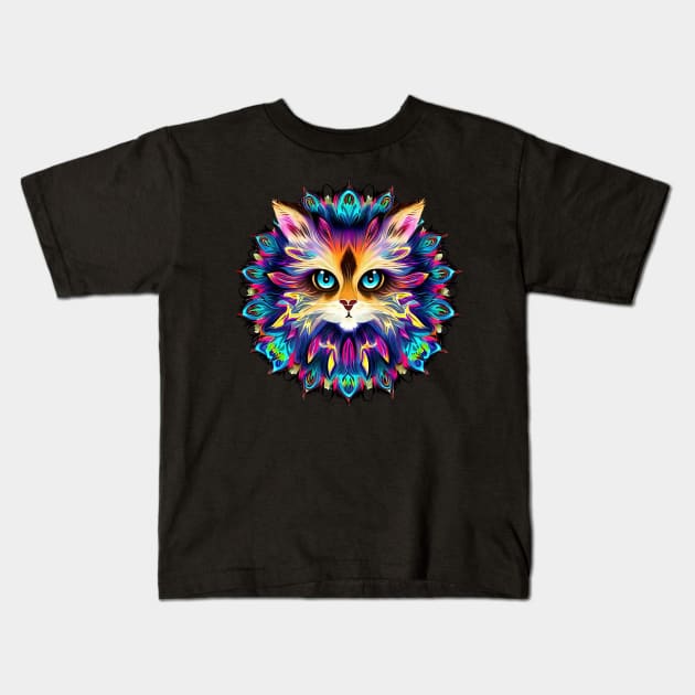 Mandala with cute furry Cat portrait - a02 Kids T-Shirt by SPJE Illustration Photography